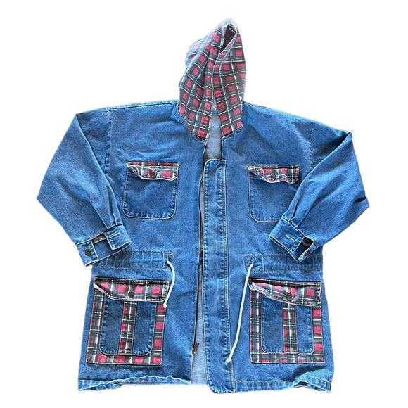 Plaid Accent Blue Denim Hooded Jacket - Picture 1 of 7